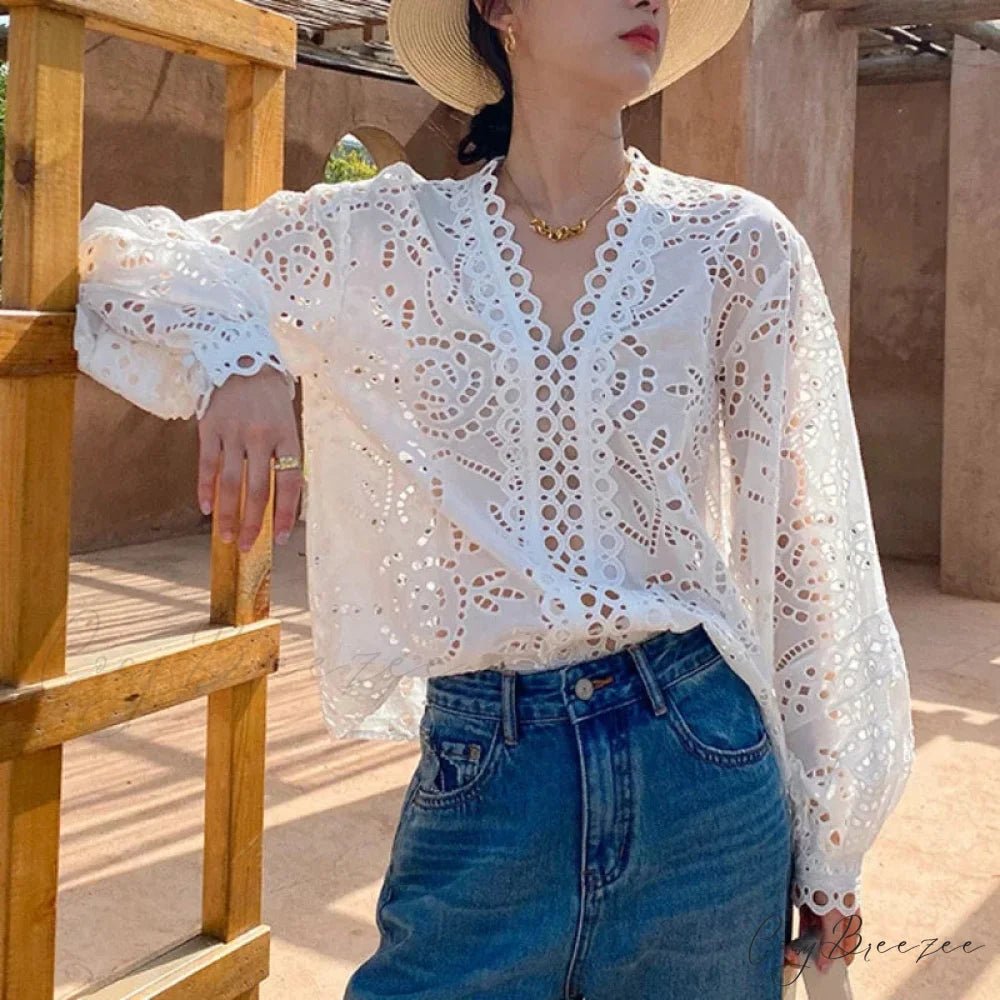 Long Sleeve V-Neck Hollow Out Floral Lace Boho Blouse bohoblouse-250126