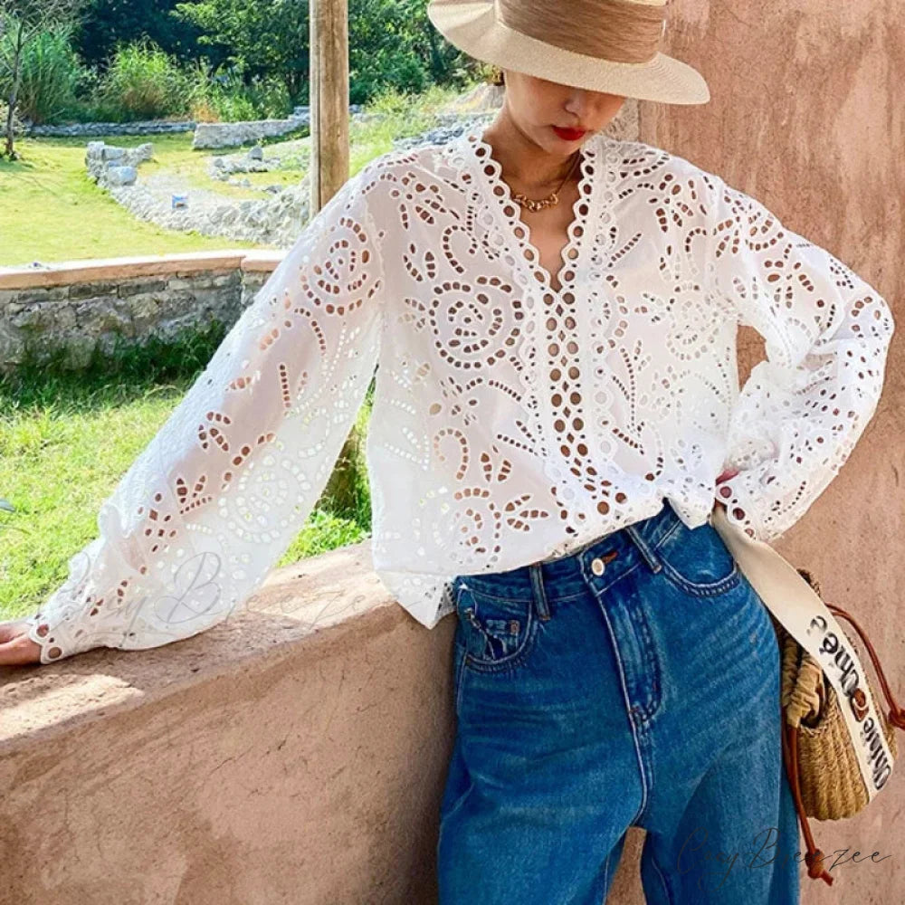 Long Sleeve V-Neck Hollow Out Floral Lace Boho Blouse bohoblouse-250126