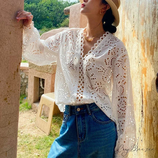 Long Sleeve V-Neck Hollow Out Floral Lace Boho Blouse bohoblouse-250126