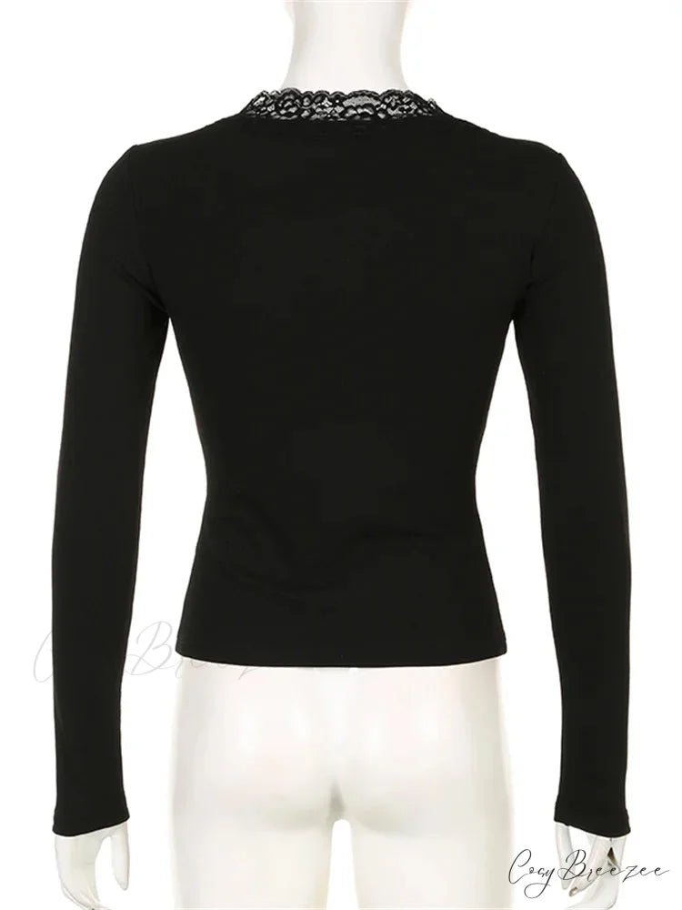 Long Sleeve V Neck Tie-up Slim Fit Lace Vintage Patchwork T-Shirts