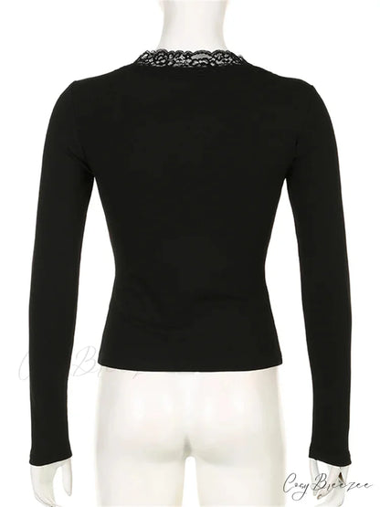 Long Sleeve V Neck Tie-up Slim Fit Lace Vintage Patchwork T-Shirts