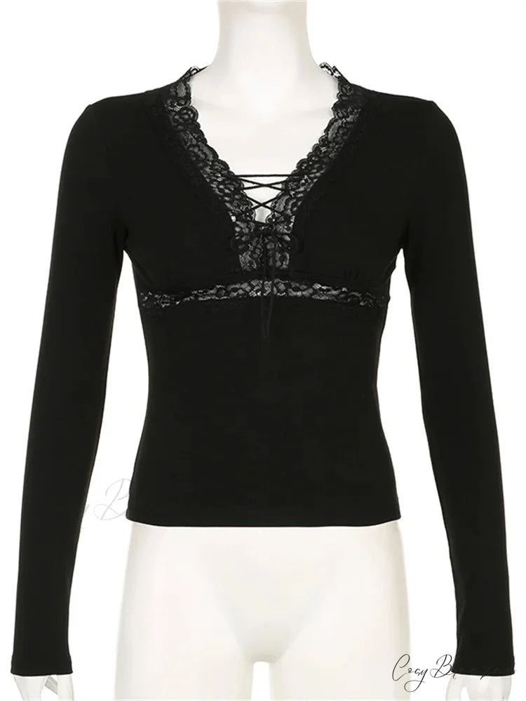 Long Sleeve V Neck Tie-up Slim Fit Lace Vintage Patchwork T-Shirts