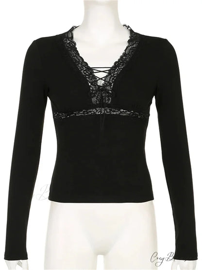Long Sleeve V Neck Tie-up Slim Fit Lace Vintage Patchwork T-Shirts