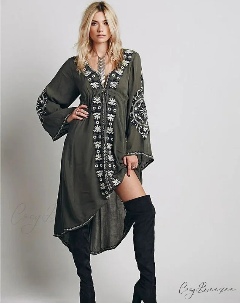 Long Sleeve Vintage Floral Embroidered Cotton Tunic Dress Black / S bohodress-250126