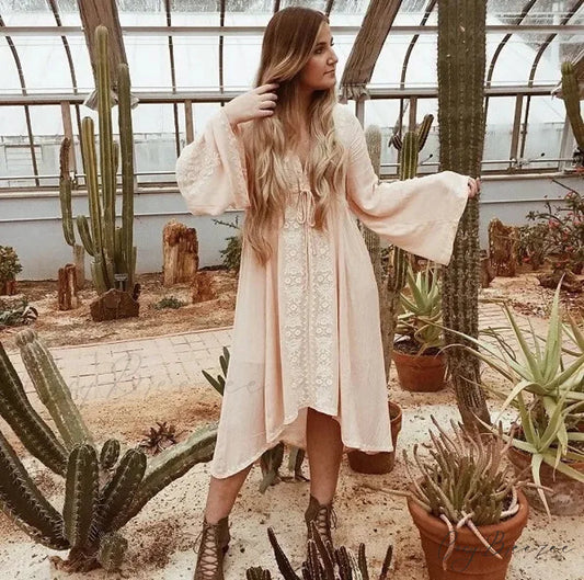 Long Sleeve Vintage Floral Embroidered Cotton Tunic Dress bohodress-250126
