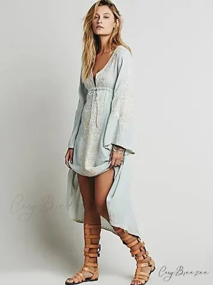 Long Sleeve Vintage Floral Embroidered Cotton Tunic Dress Light blue / S bohodress-250126