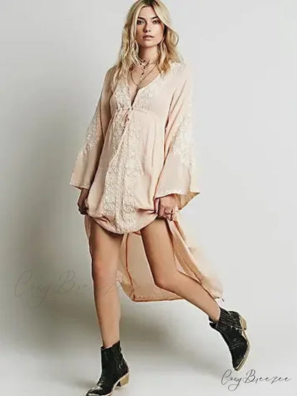 Long Sleeve Vintage Floral Embroidered Cotton Tunic Dress Orange Pink / S bohodress-250126