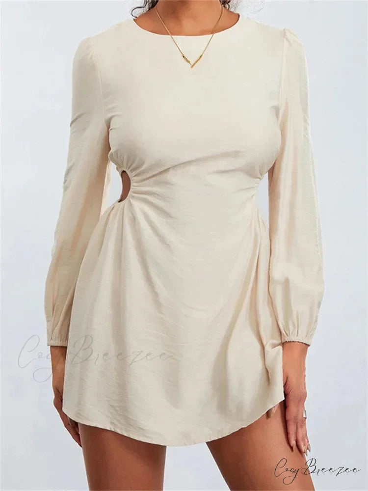 Long Sleeve Waist Hollow Out Tie up Mini Dress