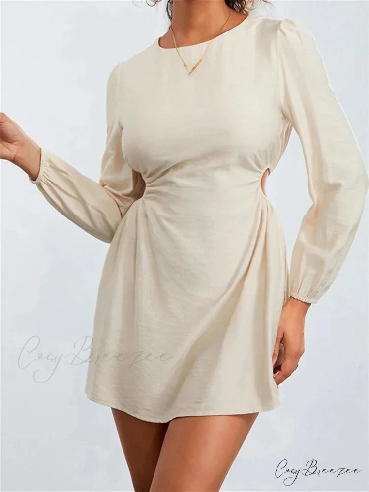Long Sleeve Waist Hollow Out Tie up Mini Dress
