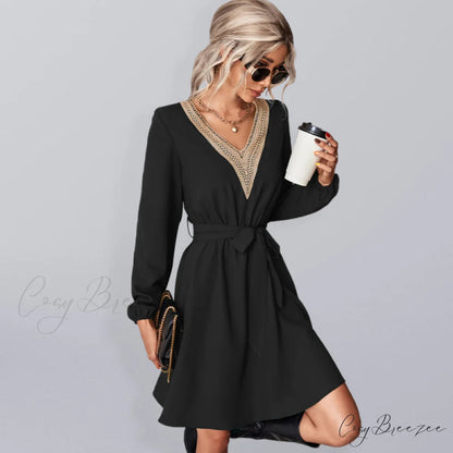long-sleeved for V-neck dress lace women Black / S