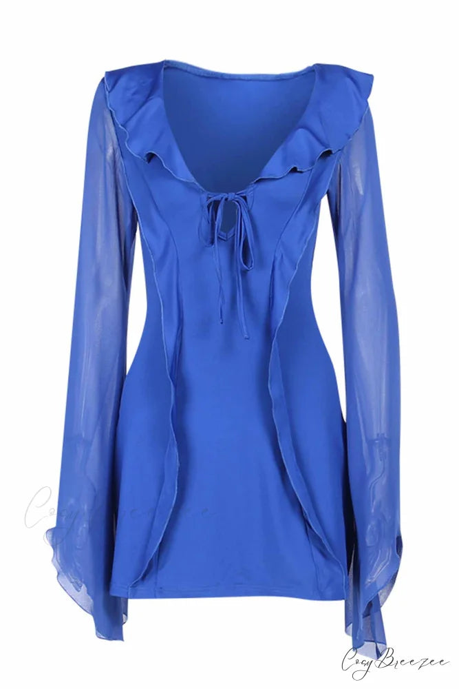 Long Sleeved Ruffled Mini Dress with Lace Up Detail