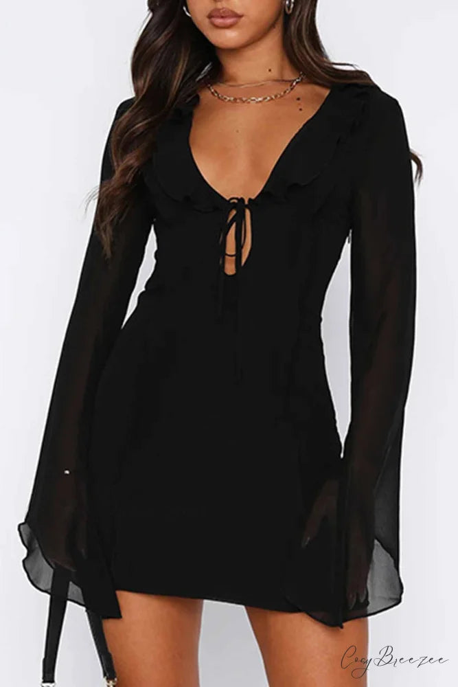 Long Sleeved Ruffled Mini Dress with Lace Up Detail Black / L