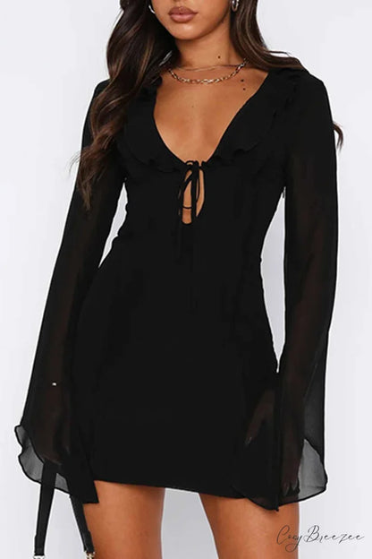 Long Sleeved Ruffled Mini Dress with Lace Up Detail Black / L