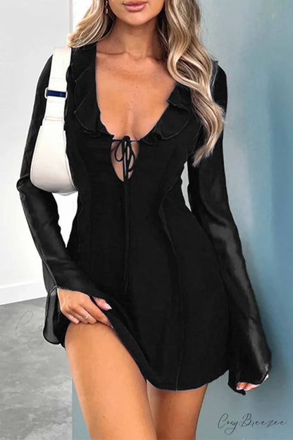 Long Sleeved Ruffled Mini Dress with Lace Up Detail Black / S
