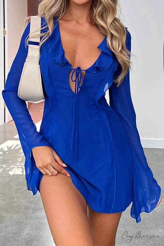 Long Sleeved Ruffled Mini Dress with Lace Up Detail Blue / S