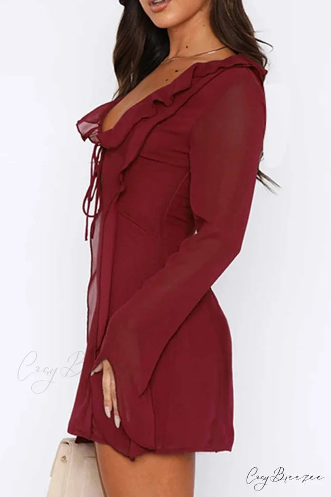 Long Sleeved Ruffled Mini Dress with Lace Up Detail Wine Red / L