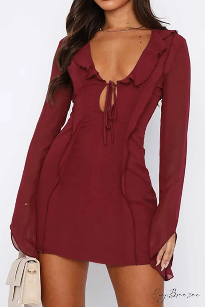 Long Sleeved Ruffled Mini Dress with Lace Up Detail Wine Red / M