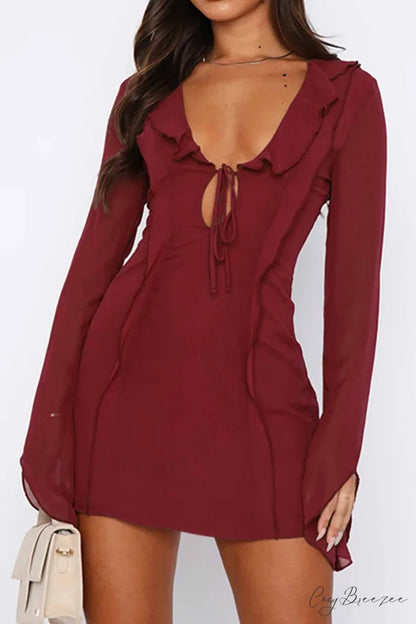 Long Sleeved Ruffled Mini Dress with Lace Up Detail Wine Red / M