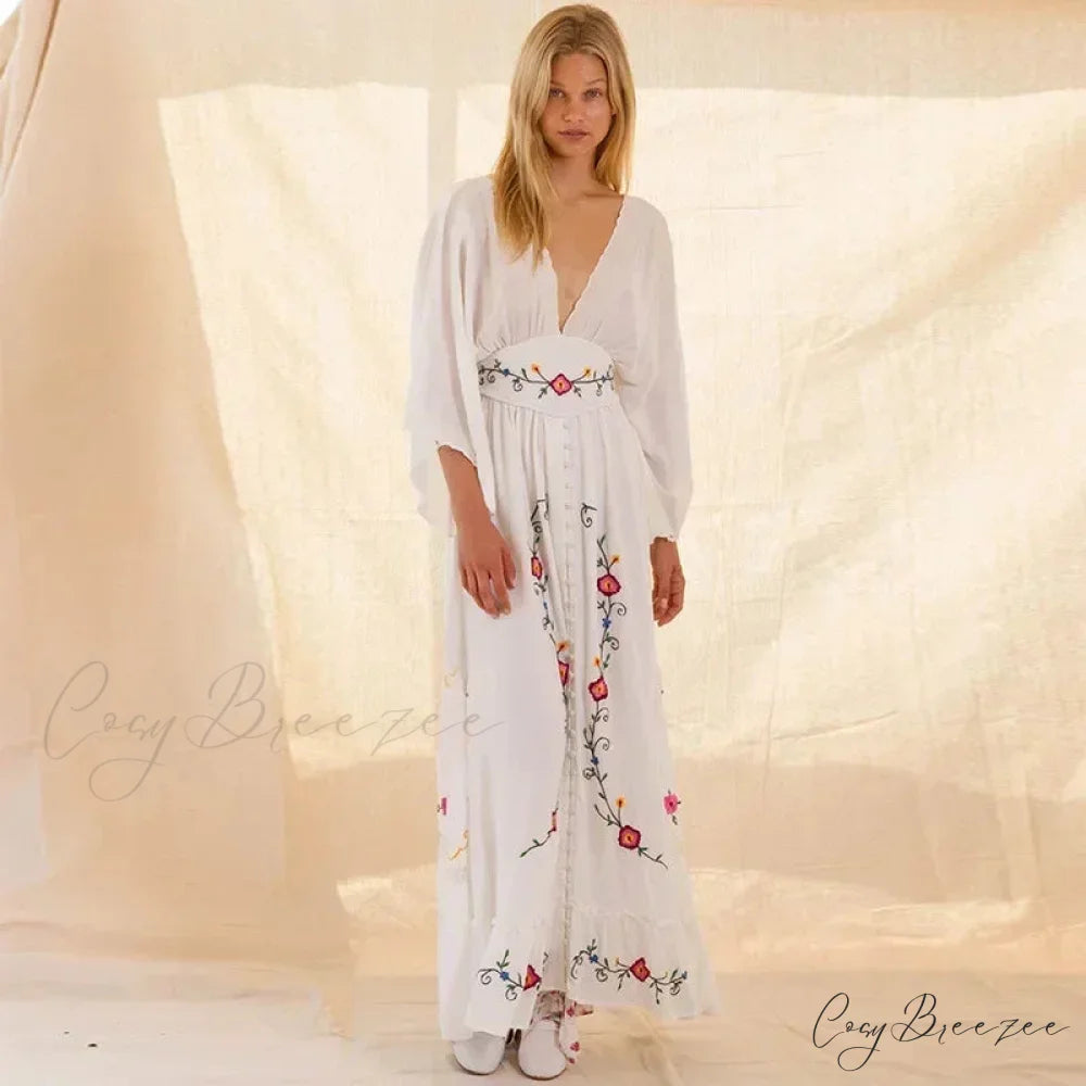 Long-sleeved Stretch Waist Split White Boho Dress bohodress-250126