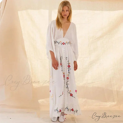 Long-sleeved Stretch Waist Split White Boho Dress bohodress-250126