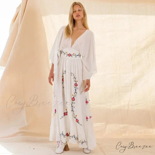Long-sleeved Stretch Waist Split White Boho Dress bohodress-250126