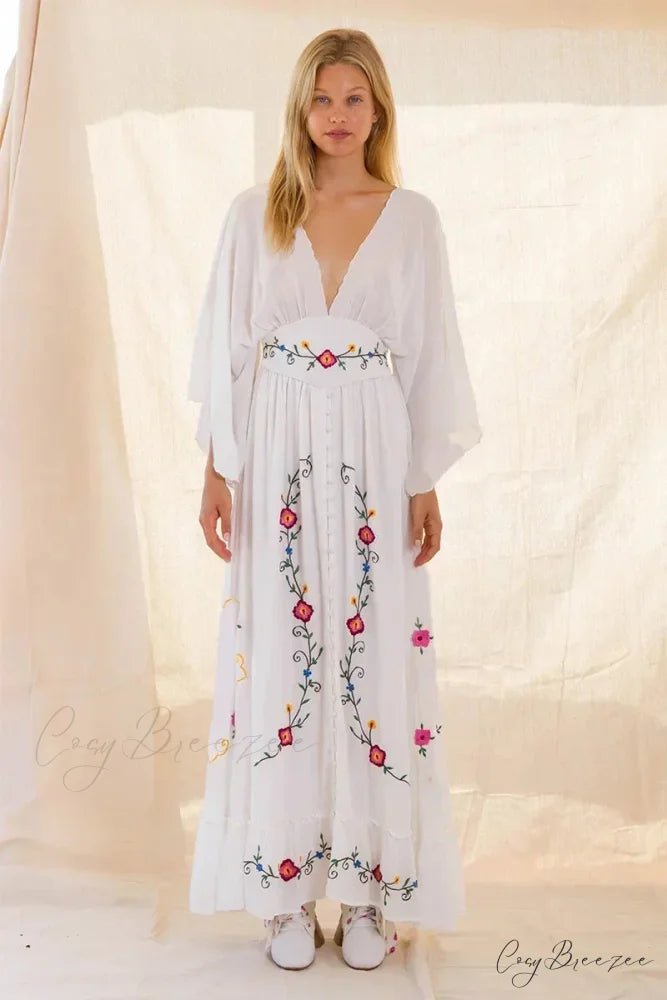Long-sleeved Stretch Waist Split White Boho Dress bohodress-250126
