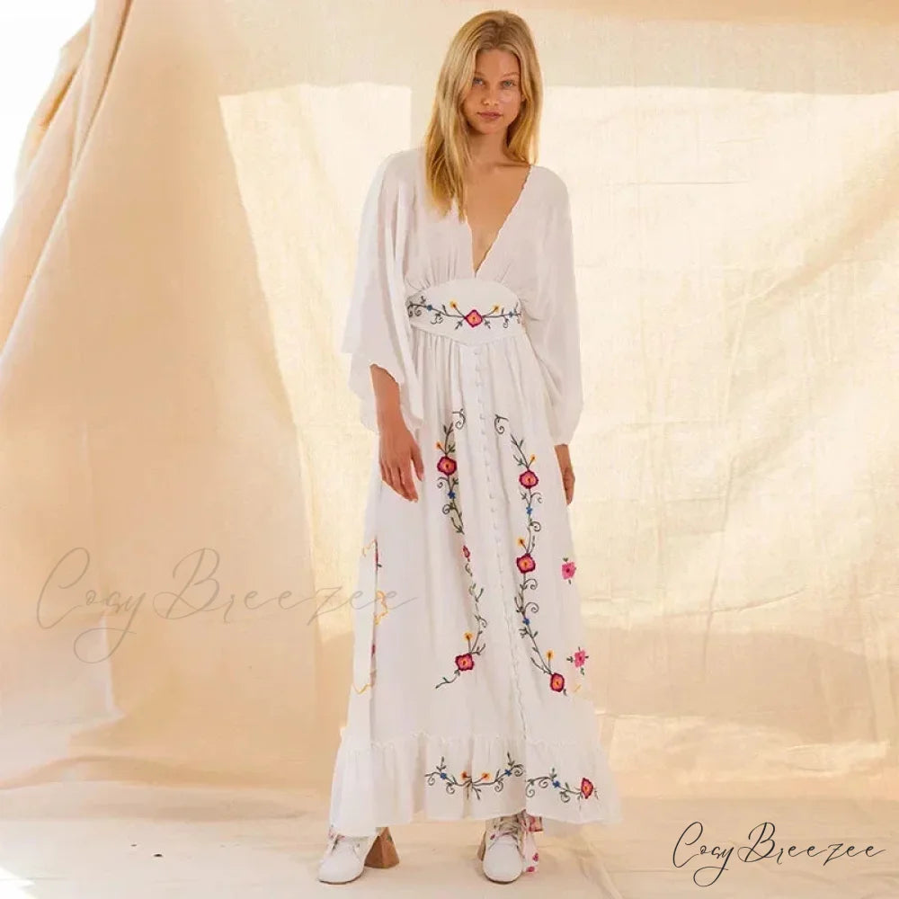Long-sleeved Stretch Waist Split White Boho Dress bohodress-250126