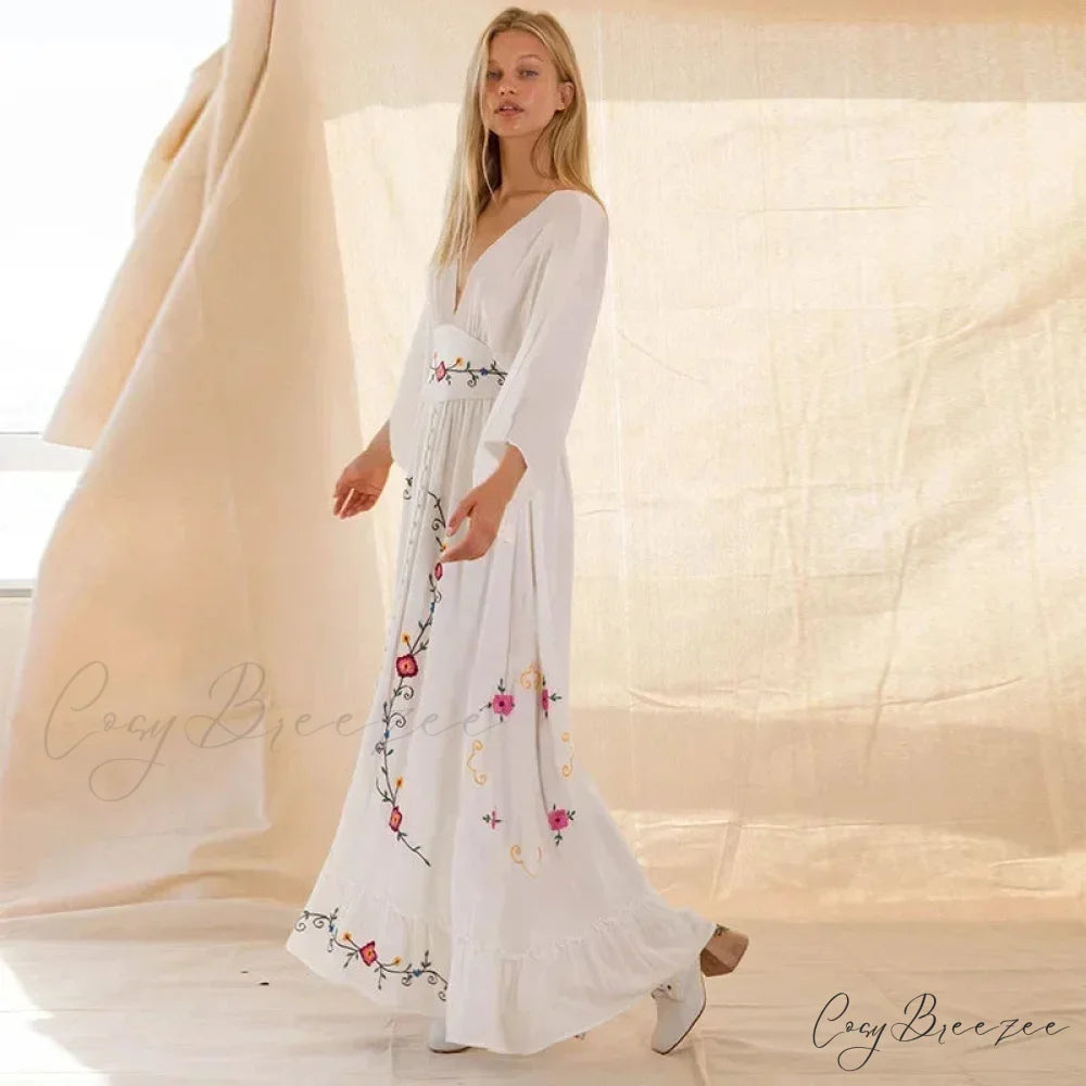 Long-sleeved Stretch Waist Split White Boho Dress bohodress-250126