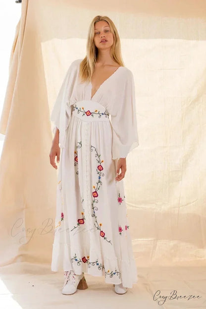 Long-sleeved Stretch Waist Split White Boho Dress WHITE / S bohodress-250126