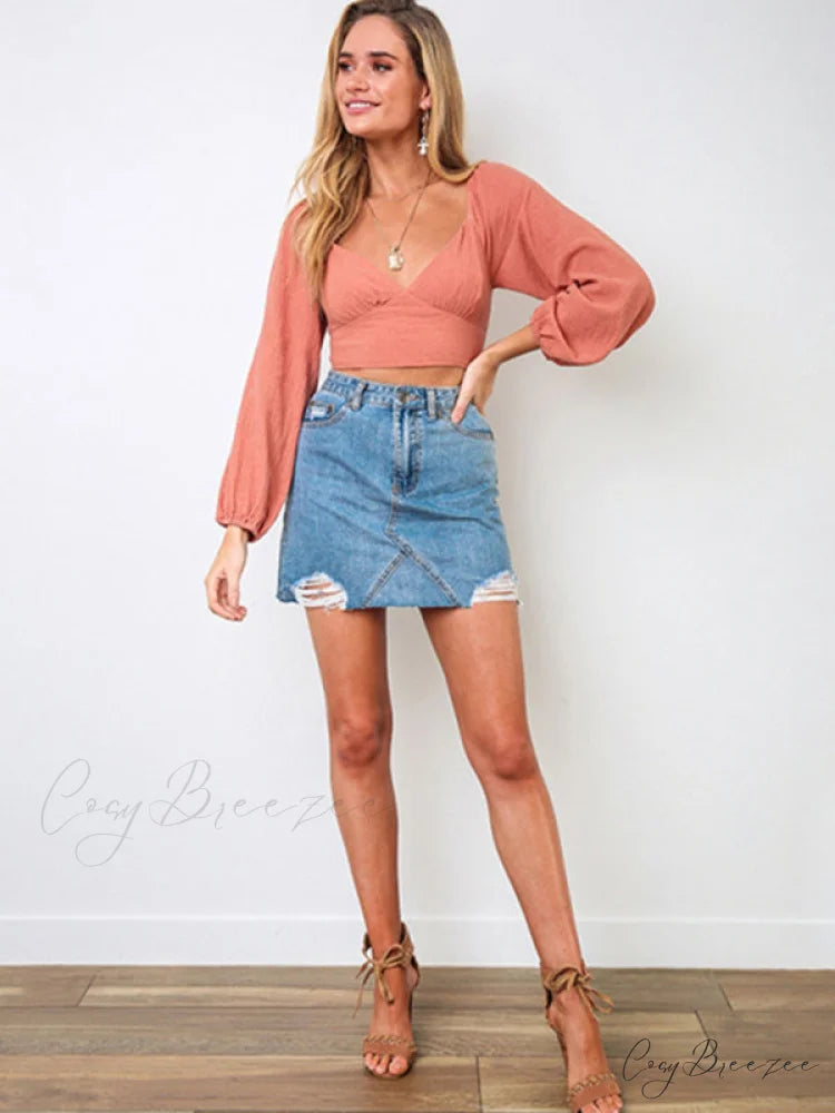 long-sleeved with strap crop top V-neck Women’s tie