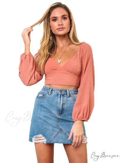 long-sleeved with strap crop top V-neck Women’s tie