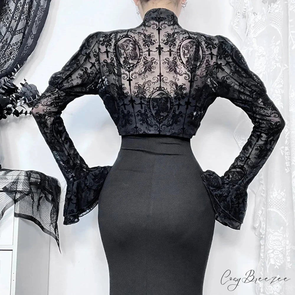Long Sleeves Smock Vintage Black Lace Flare Sleeve Cosplay Cardigan