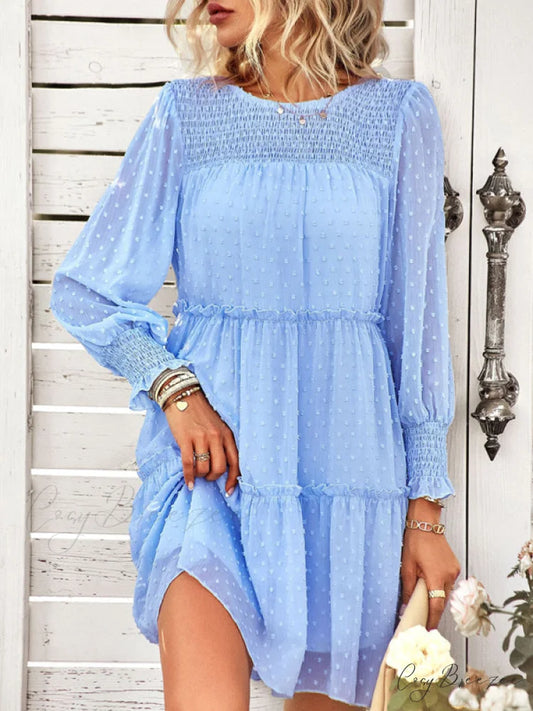 Long Solid Color Arm Mini Clip Gown Dot Chiffon for Women Blue / S