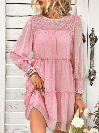 Long Solid Color Arm Mini Clip Gown Dot Chiffon for Women Pink / S
