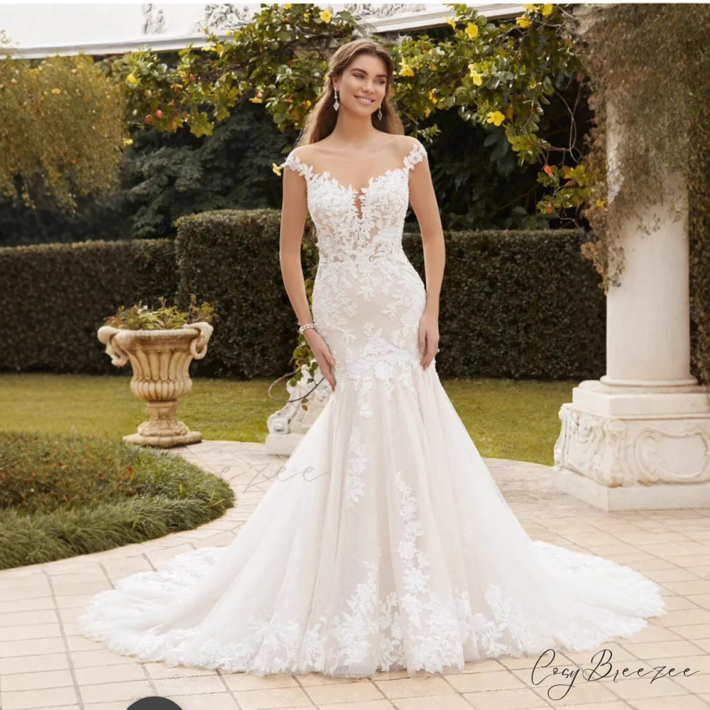 Long Train Lace Bridal Wedding Dress White / 2 weddingdress-250223