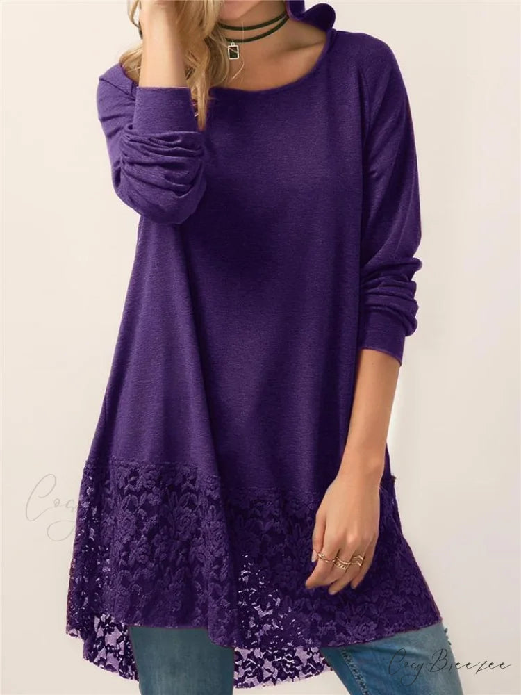 Long With Women Lace Patchwork Arm T-shirt Hood Purple / M