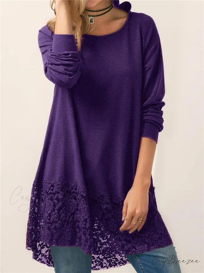 Long With Women Lace Patchwork Arm T-shirt Hood Purple / M
