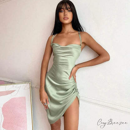 Look At Her Charming Wow Satin Mini Dress Green / S