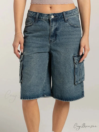 Loose Cargo Wide-Leg Denim Shorts Blue / S short-250223
