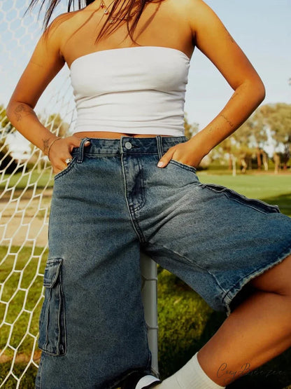 Loose Cargo Wide-Leg Denim Shorts short-250223