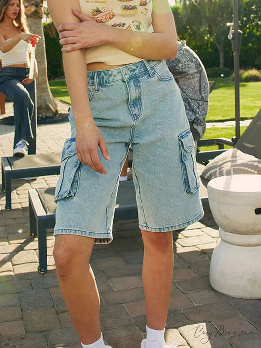 Loose Cargo Wide-Leg Denim Shorts SKY BLUE / S short-250223