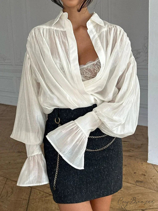 Loose Collar Sheer Patchwork Blouse blouse-250223