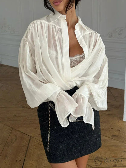 Loose Collar Sheer Patchwork Blouse blouse-250223
