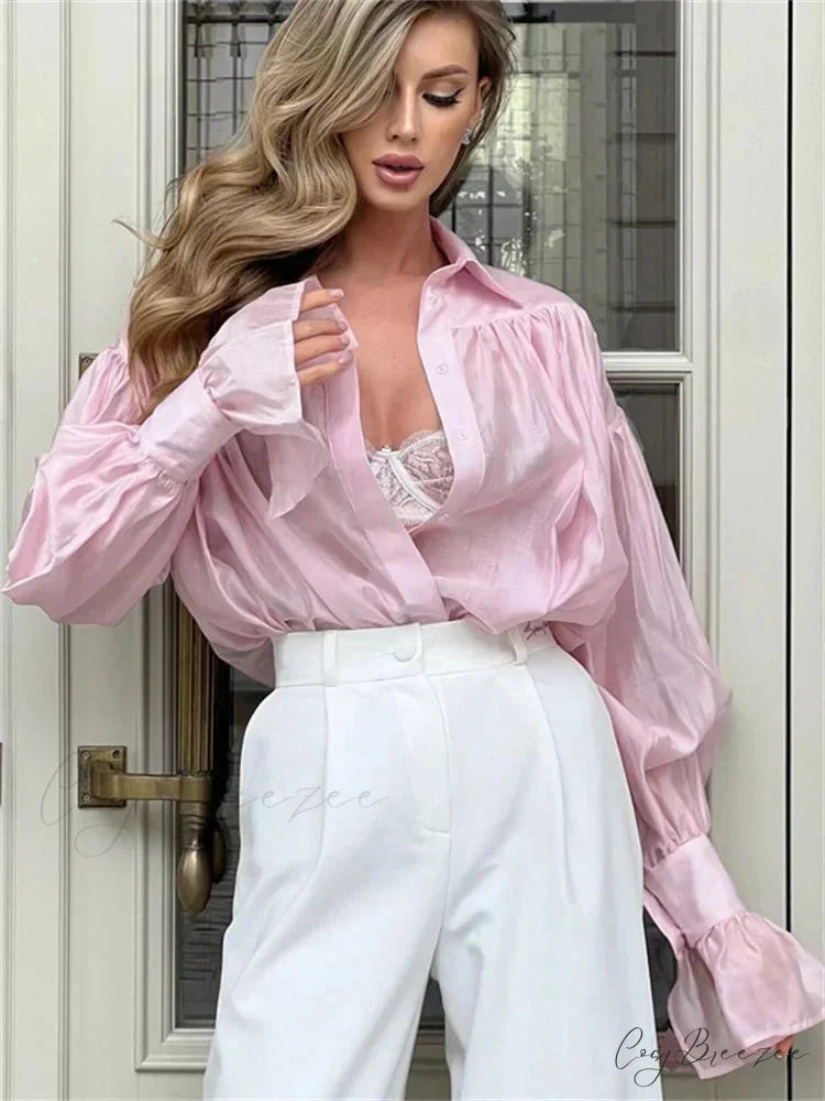Loose Collar Sheer Patchwork Blouse Pink / S blouse-250223