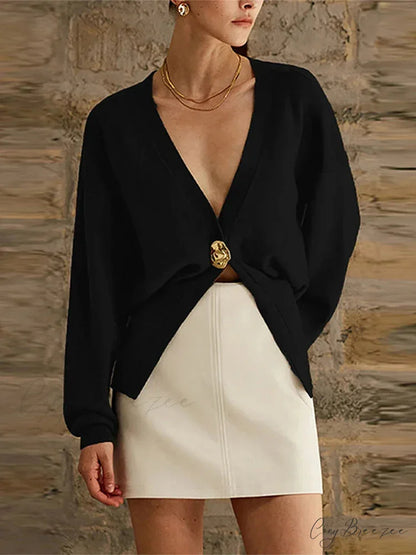 Loose Cutout V-Neck Knit Cardigan cardigans-241228