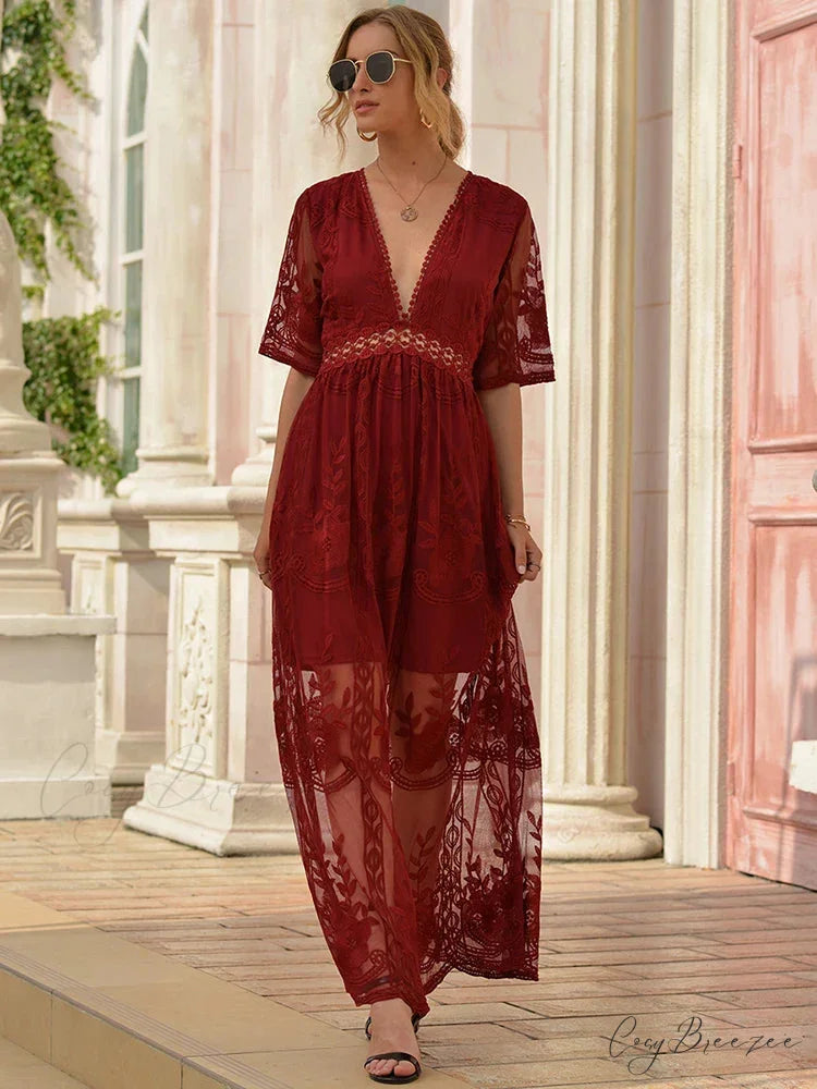 Loose Embroidery White Lace Maxi Boho Dress