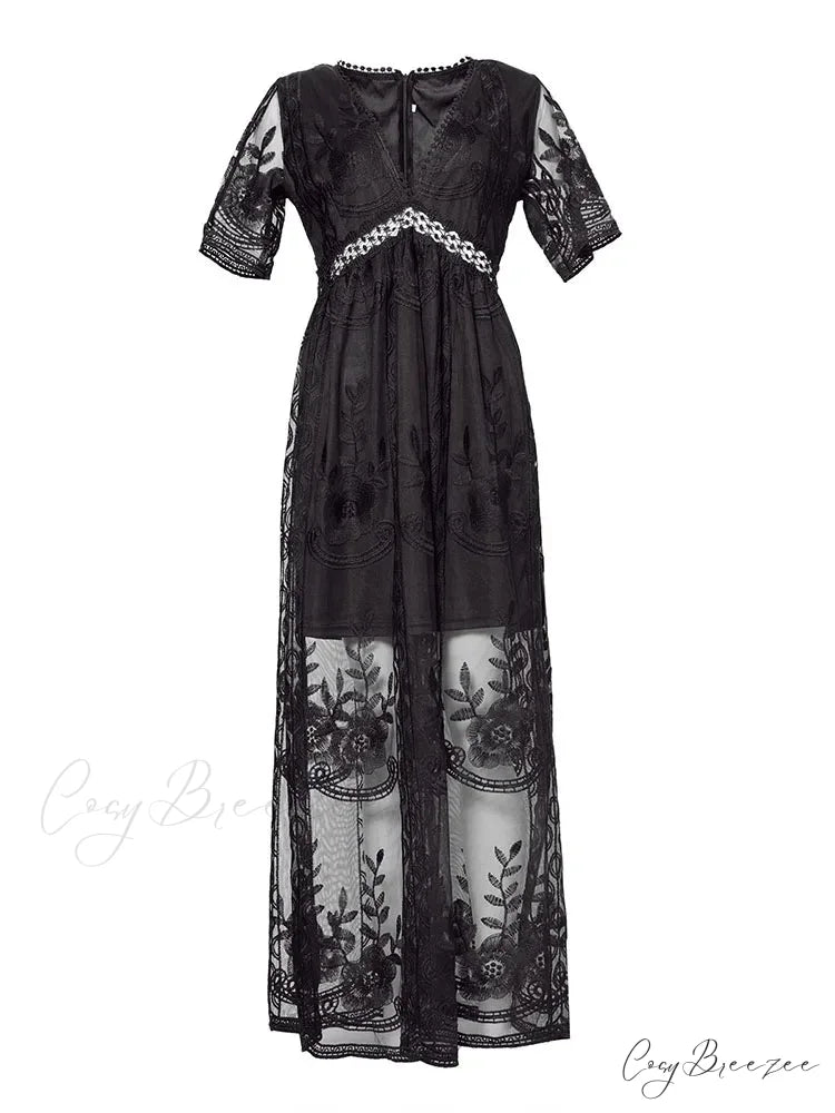 Loose Embroidery White Lace Maxi Boho Dress Black / S