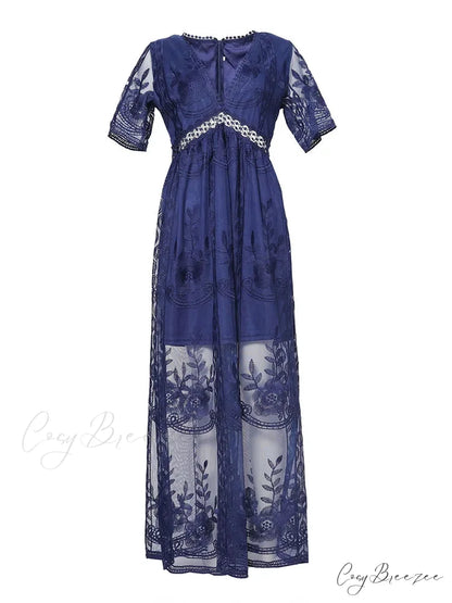 Loose Embroidery White Lace Maxi Boho Dress Darkblue / S