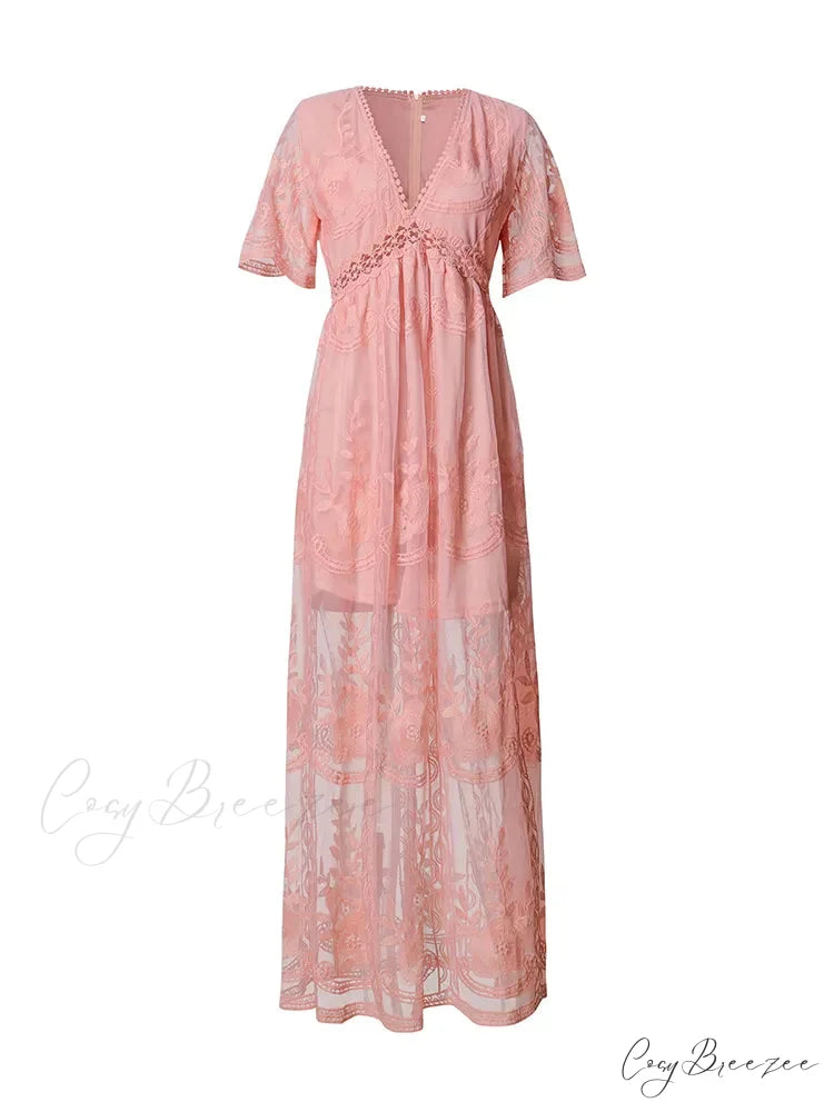 Loose Embroidery White Lace Maxi Boho Dress Pink / S