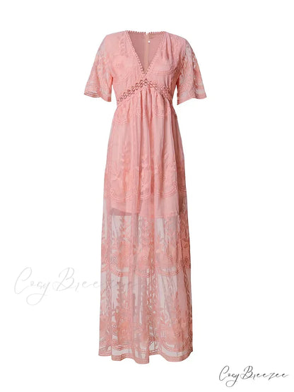Loose Embroidery White Lace Maxi Boho Dress Pink / S
